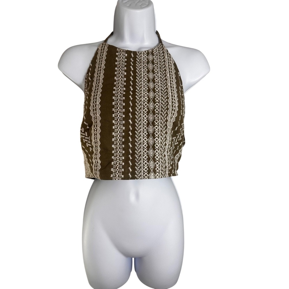 House‎ of Harlow 1960 Brown Embroidered Halter Crop Top Linen Blend Boho M